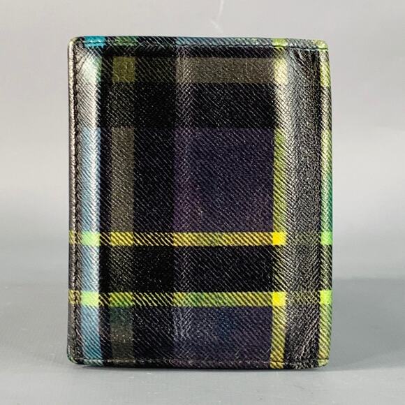 PRADA Green Blue Yellow Plaid Saffiano Leather Card Case Wallet - Picture 2 of 4